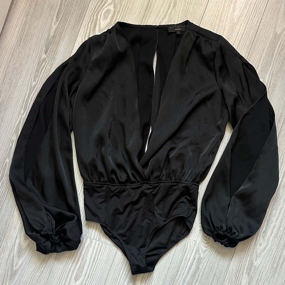 Black Long-Sleeve Wrap Bodysuit - Women's Top